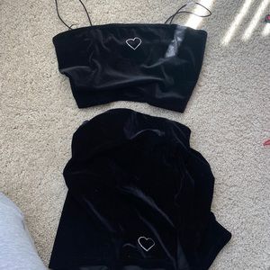 two piece velvet matching heart rhinestone set